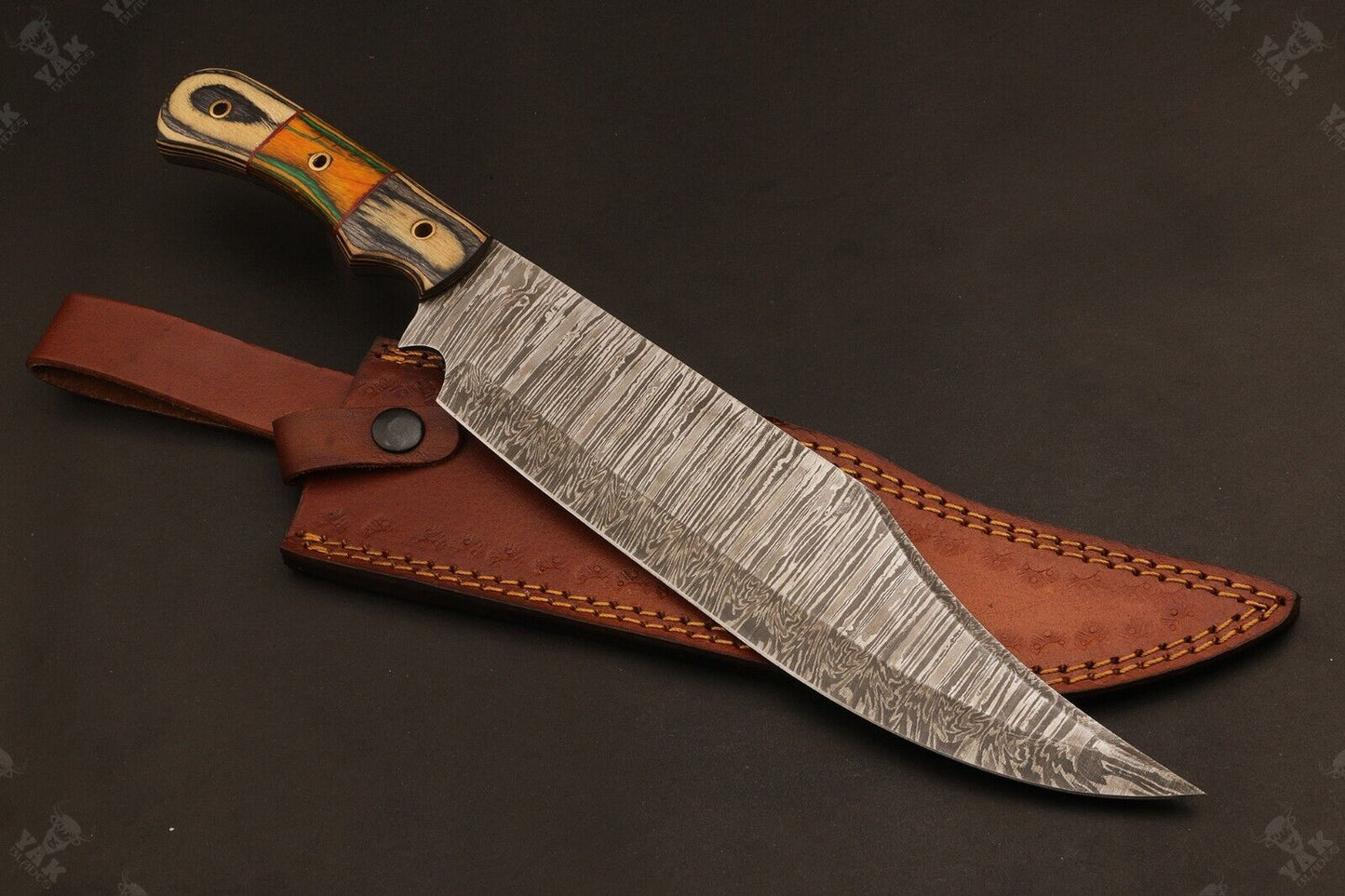 15.5 Inch Hand Forged Fire Damascus Steel Bowie Knife with Camel Bone and Wood Handle by Heritage Forge
