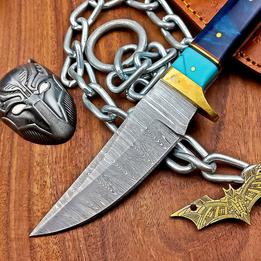 9" Damascus Steel Hunting Knife with Resin Handle – Hand Forged with Leather Sheath