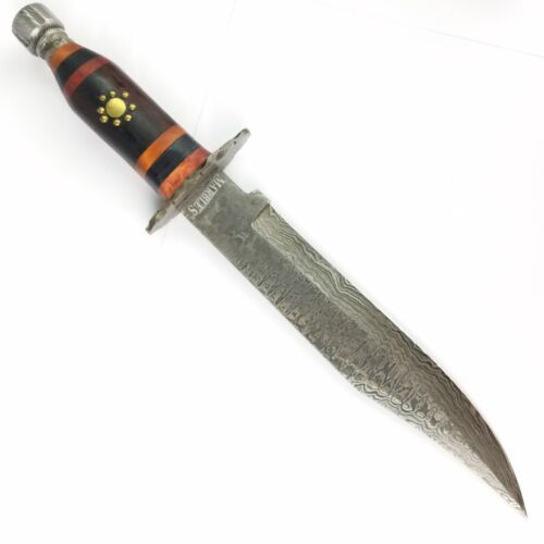Heritage Forge Damascus Steel Bowie Knife Brown Wood Handle with Leather Sheath