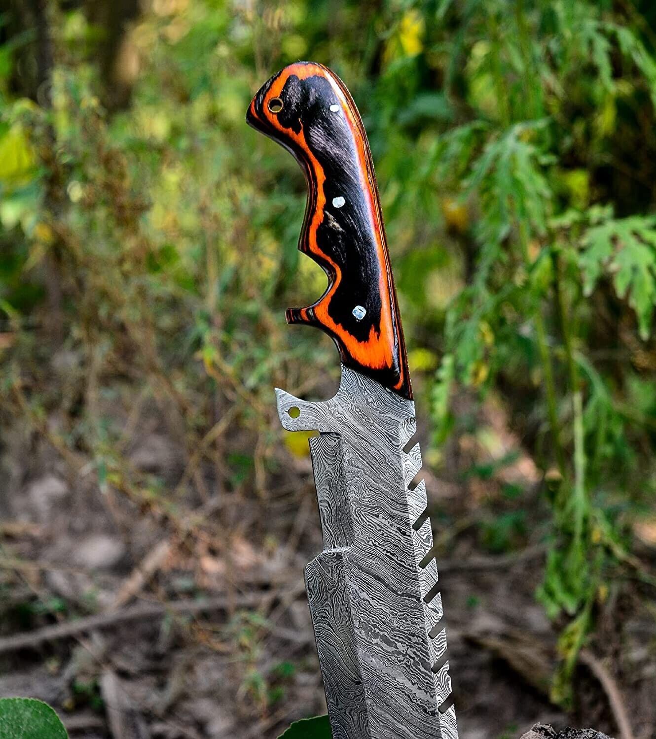 Custom Handmade Damascus Steel Tracker Knife – 12" Fire Storm Pattern Blade with Leather Sheath