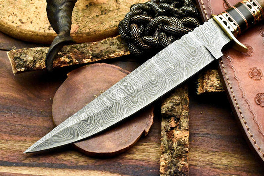 14.75" Handmade Damascus Bowie Knife with Walnut Wood Handle & Leather Sheath