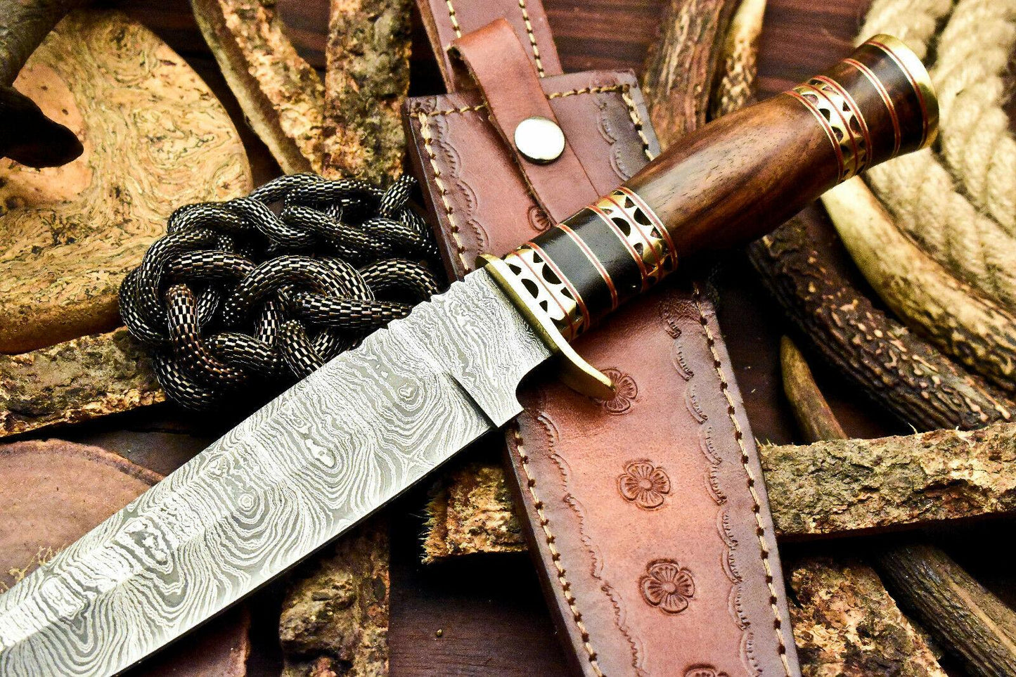 14.75" Handmade Damascus Bowie Knife with Walnut Wood Handle & Leather Sheath