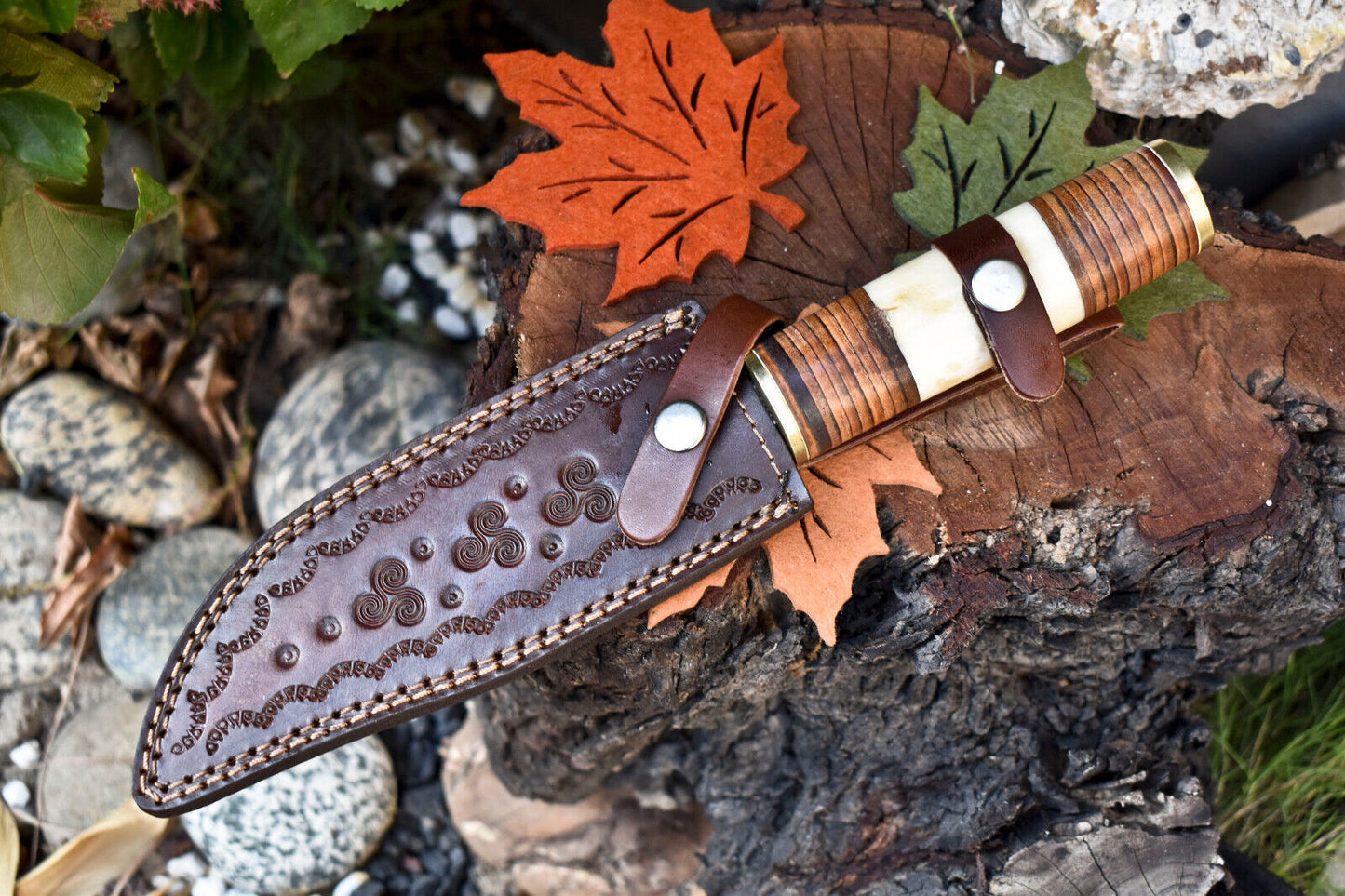 12 Inch Custom Damascus Steel Bowie Knife with Camel Bone Handle and Leather Sheath