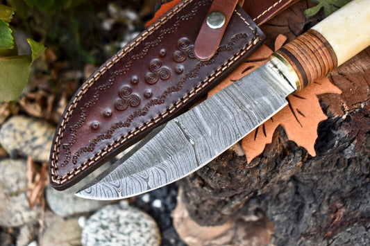 12 Inch Custom Damascus Steel Bowie Knife with Camel Bone Handle and Leather Sheath