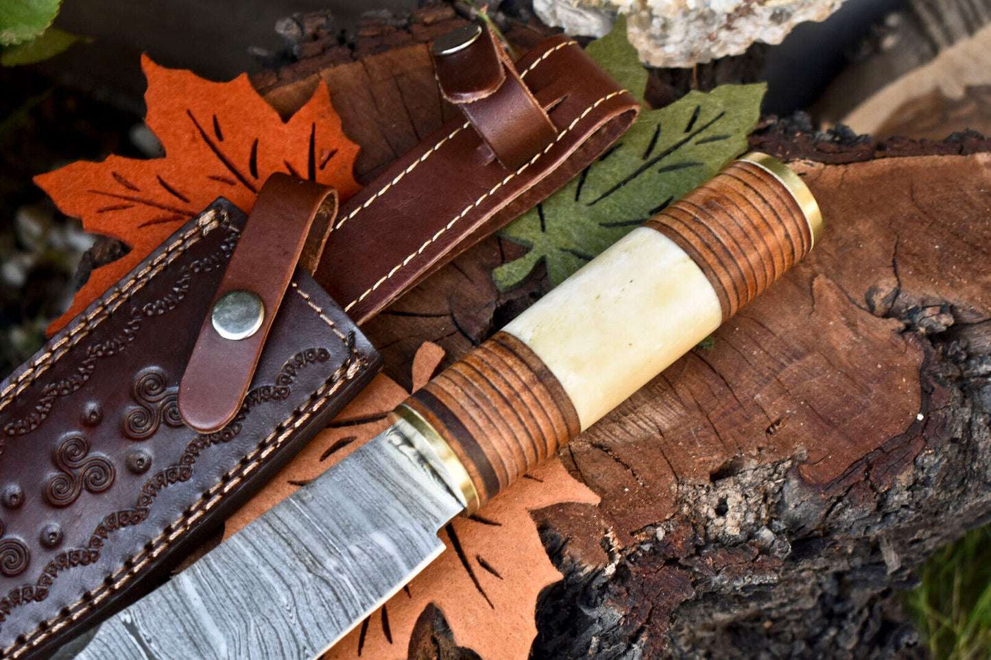 12 Inch Custom Damascus Steel Bowie Knife with Camel Bone Handle and Leather Sheath