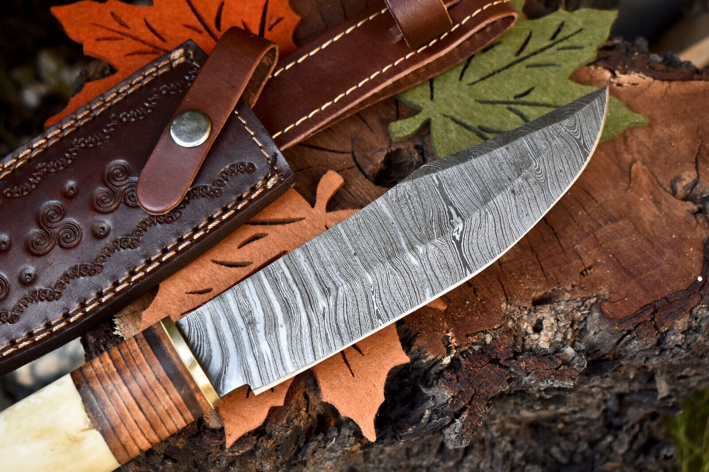12 Inch Custom Damascus Steel Bowie Knife with Camel Bone Handle and Leather Sheath
