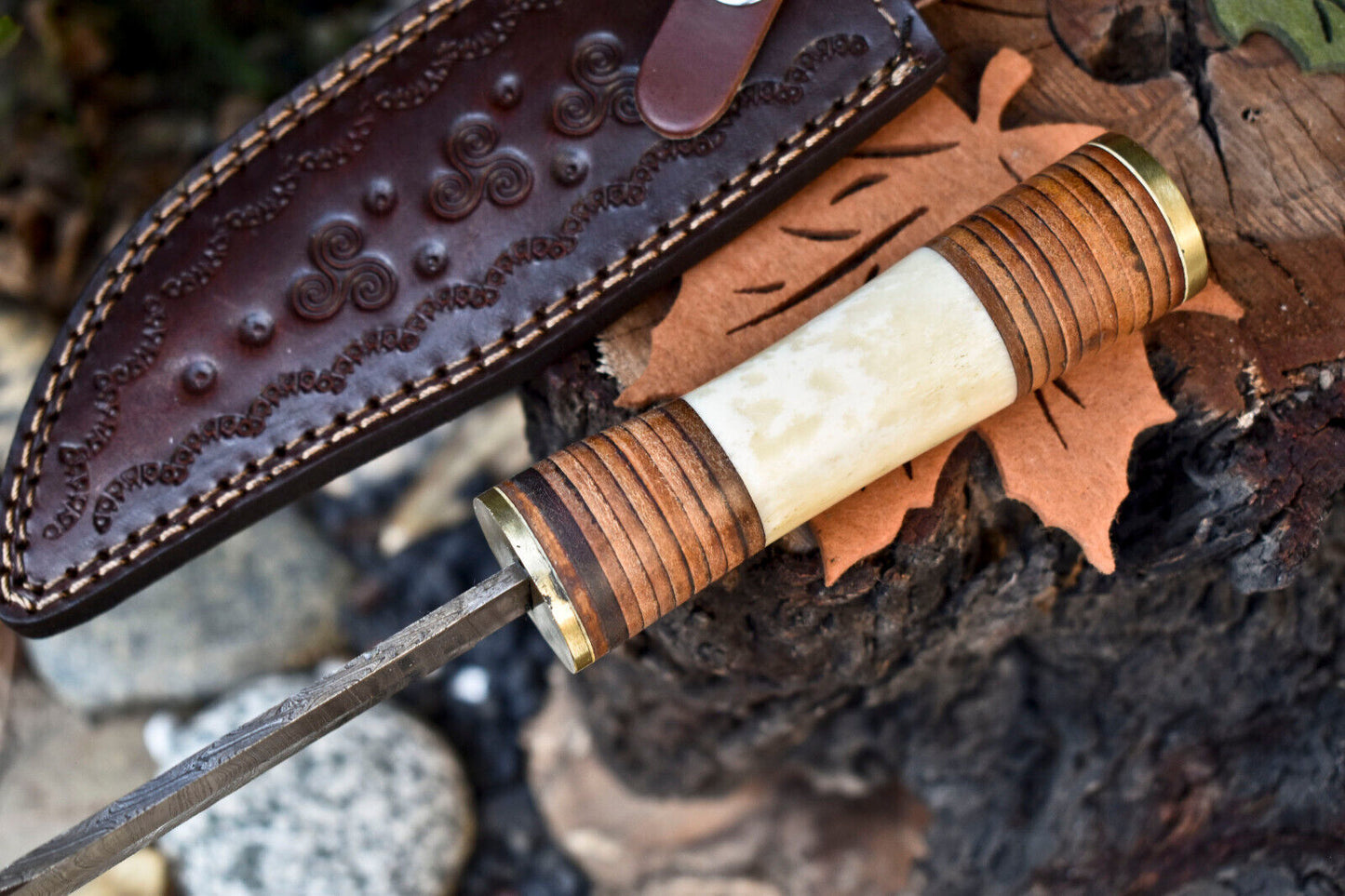 12 Inch Custom Damascus Steel Bowie Knife with Camel Bone Handle and Leather Sheath