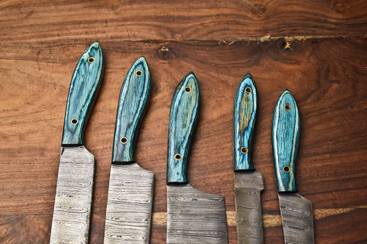 Set of 5 Handmade Damascus Steel Full Tang Chef Knives – Custom Forged Kitchen Cutlery