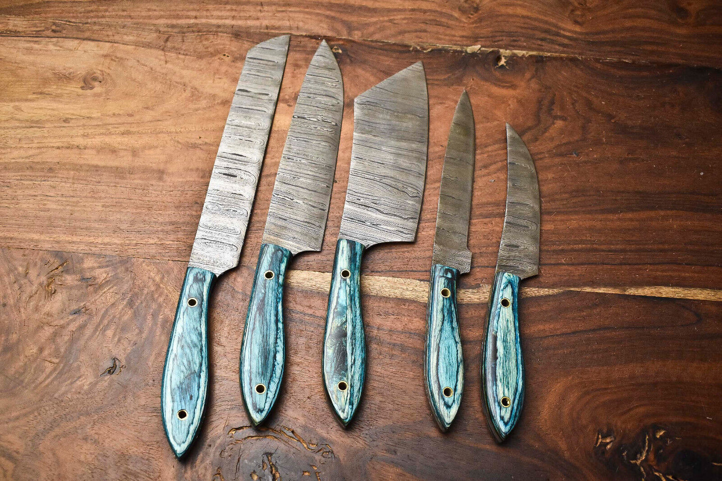 Set of 5 Handmade Damascus Steel Full Tang Chef Knives – Custom Forged Kitchen Cutlery