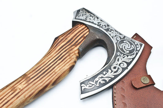Hand Forged Etched High Carbon Steel Viking Axe 19 Inch with Ashwood Paracord Handle and Leather Sheath