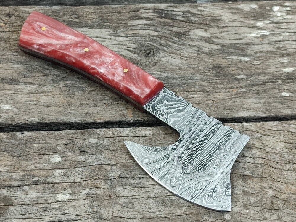 Custom Handmade Damascus Steel Mini Axe Skinner Knife – 7.7 Inch Resin Handle Damascus Axe with Sheath