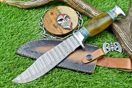 Damascus Steel Bowie Knife –Resin Handle & Leather Sheath