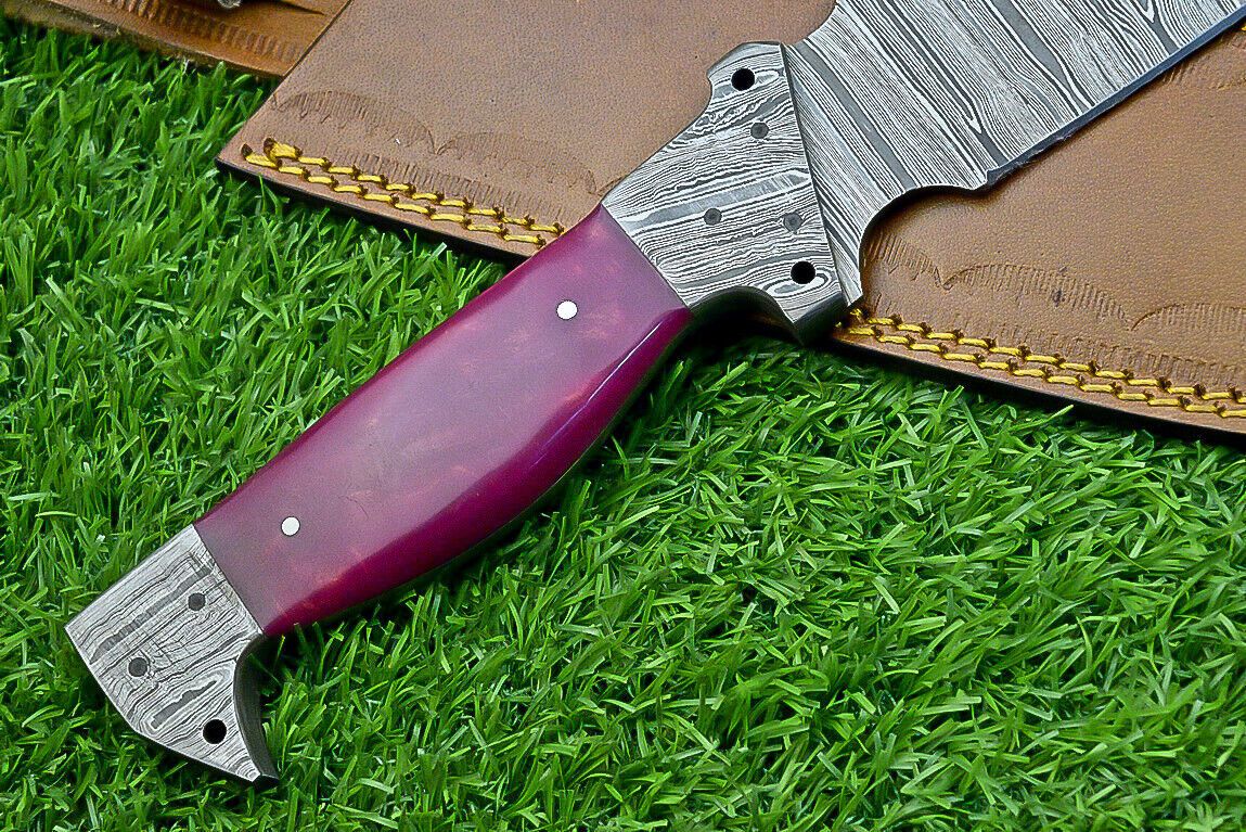 16 Inch Forged Damascus Bowie Knife with Resin Handle and Damascus Bolster