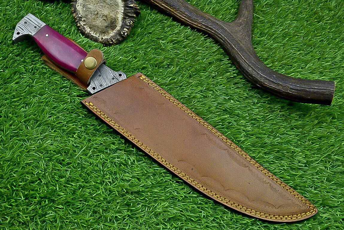 16 Inch Forged Damascus Bowie Knife with Resin Handle and Damascus Bolster