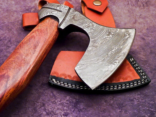 Handmade Damascus Steel Axe Unique Limited Edition with Natural Wood Handle and Leather Sheath
