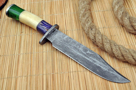 15" Custom Handmade Damascus Hunting Bowie Knife – Full Tang, Wood and Bone Handle