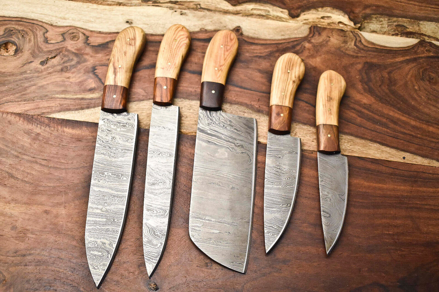 Lot of 5 Handmade Damascus Steel Chef Knives – Full Tang Blade Set
