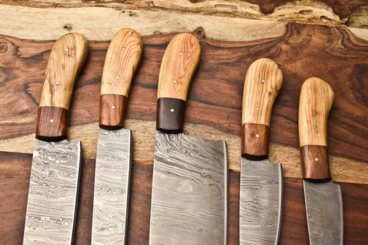 Lot of 5 Handmade Damascus Steel Chef Knives – Full Tang Blade Set