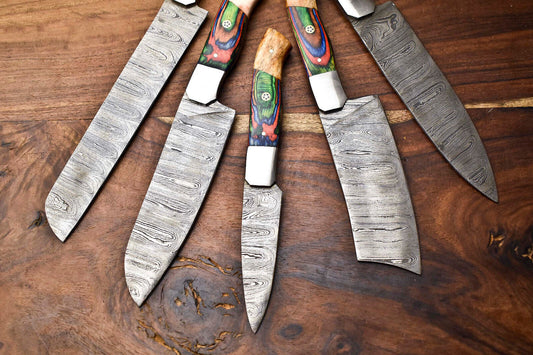 Lot of 5 Handmade Hammered Damascus Steel Chef Knives – 384 Layers, Full Tang, 58–60 HRC