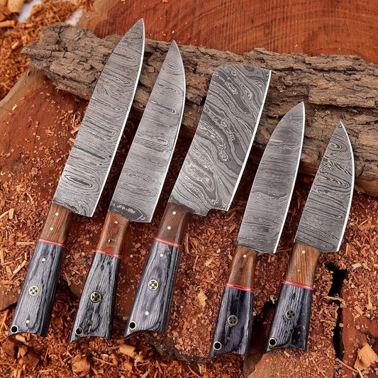 Set of 5 Handmade Damascus Chef Knives | Custom Kitchen Knife Set with Leather Roll