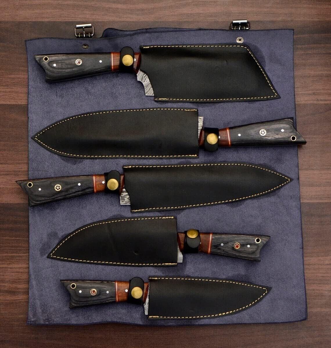 Set of 5 Handmade Damascus Chef Knives | Custom Kitchen Knife Set with Leather Roll