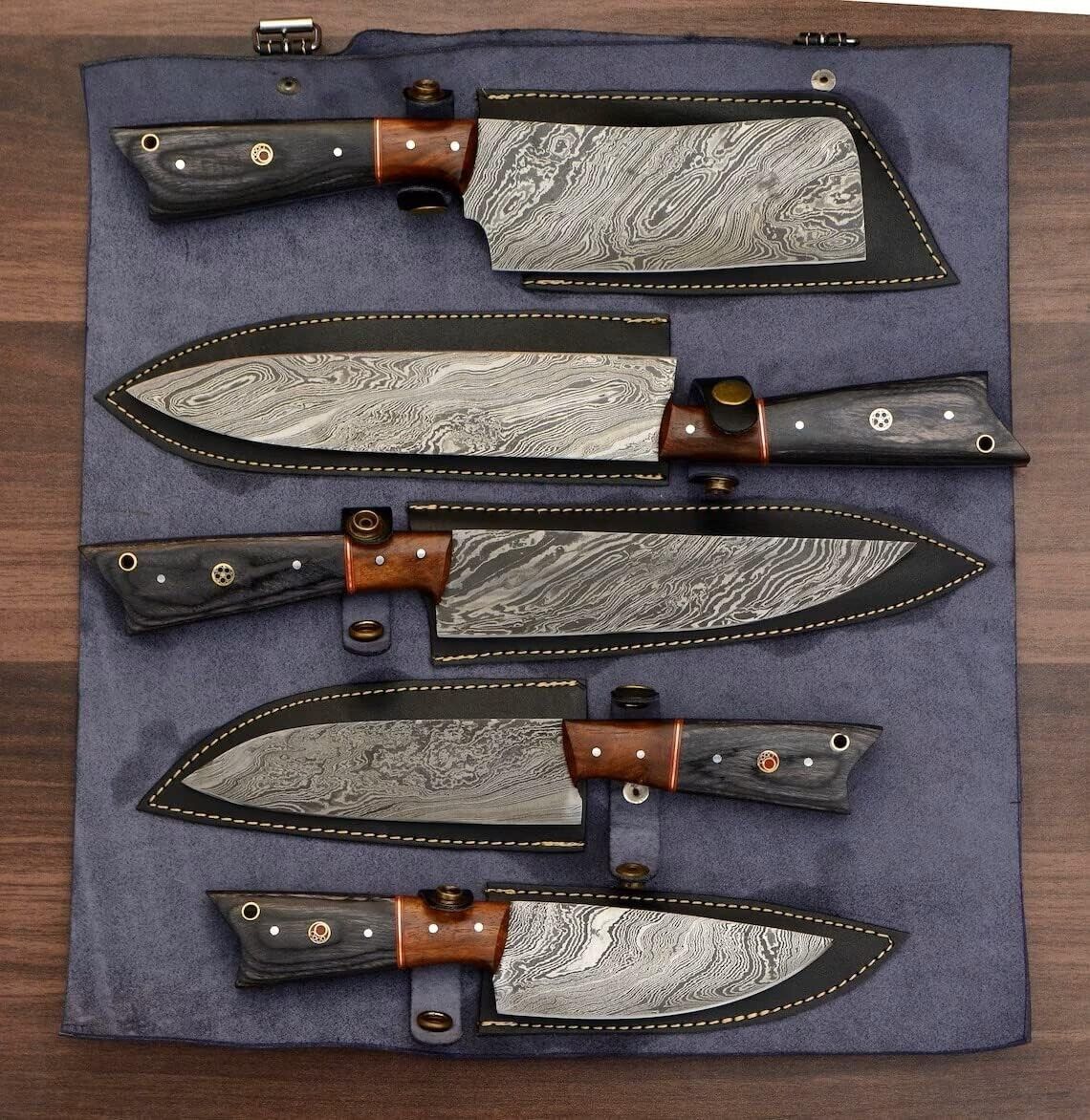 Set of 5 Handmade Damascus Chef Knives | Custom Kitchen Knife Set with Leather Roll