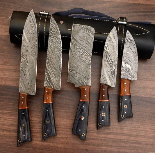 Set of 5 Handmade Damascus Chef Knives | Custom Kitchen Knife Set with Leather Roll