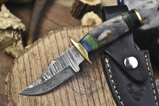 Twist Damascus Skinner Knife with Ram’s Horn Handle – Custom Outdoor Fixed Blade
