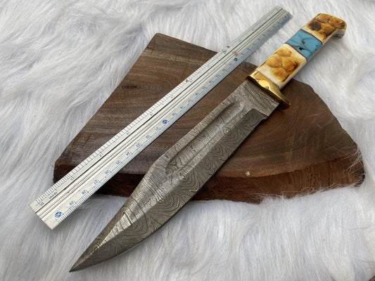 13" Handmade Damascus Bowie Knife – Camel Bone Handle with Leather Sheath