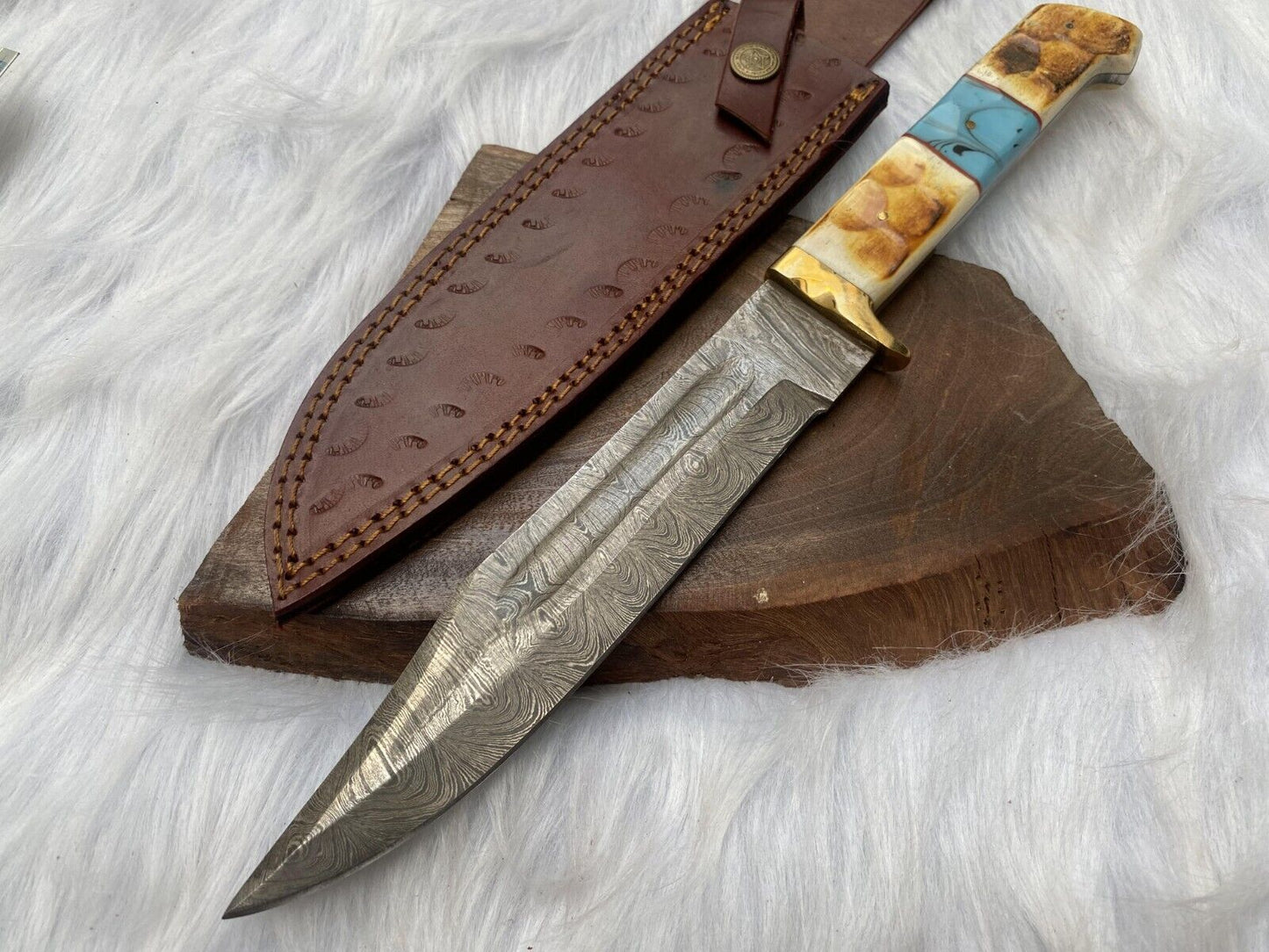 13" Handmade Damascus Bowie Knife – Camel Bone Handle with Leather Sheath