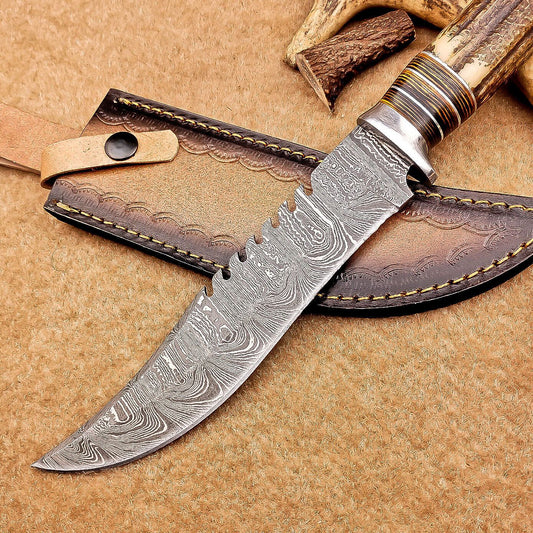 12 Inch Handmade Damascus Steel Bowie Knife with Stag Antler Handle