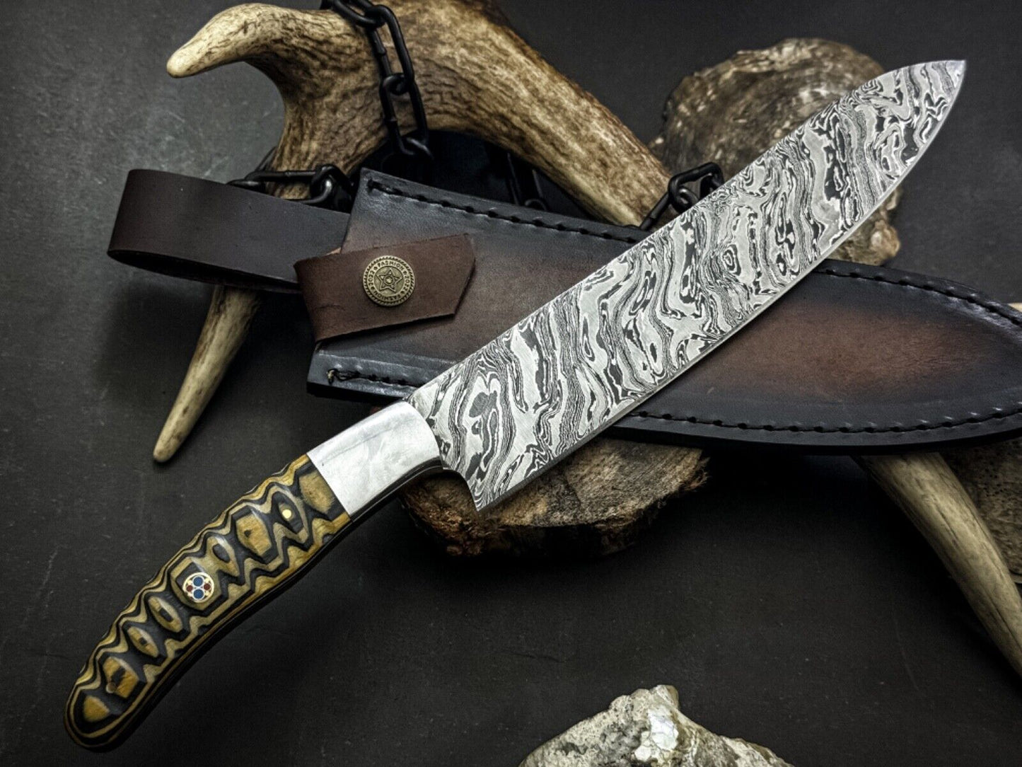 Handmade Damascus Steel Chef Knife with Wood Handle & Cowhide Sheath – Full Tang Kitchen Knife