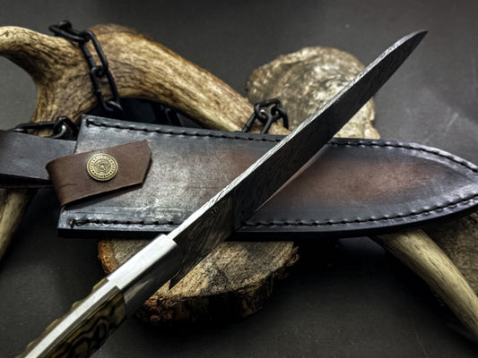 Handmade Damascus Steel Chef Knife with Wood Handle & Cowhide Sheath – Full Tang Kitchen Knife