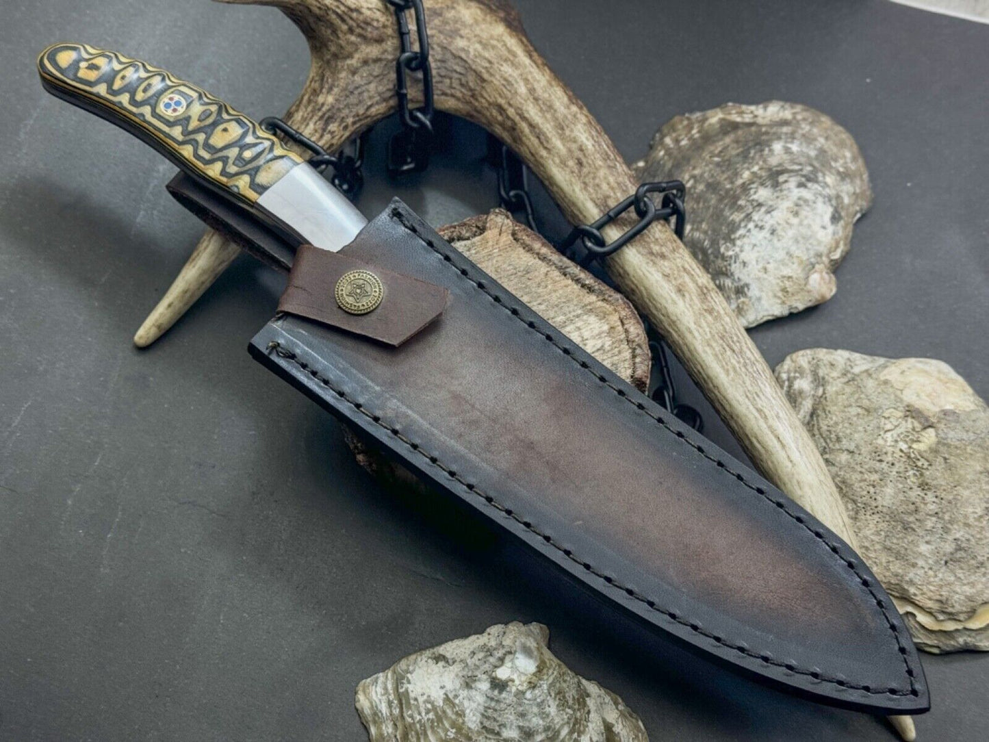 Handmade Damascus Steel Chef Knife with Wood Handle & Cowhide Sheath – Full Tang Kitchen Knife