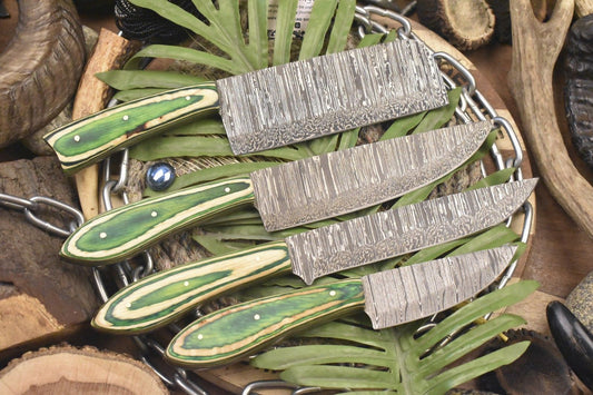 Hot Item Chef Knife Set – Twist Damascus Steel with Hardwood Handles, Lot of 4 Outdoor Knives