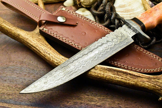 15" Damascus Steel Bowie Knife – Tinted Camel Bone Handle