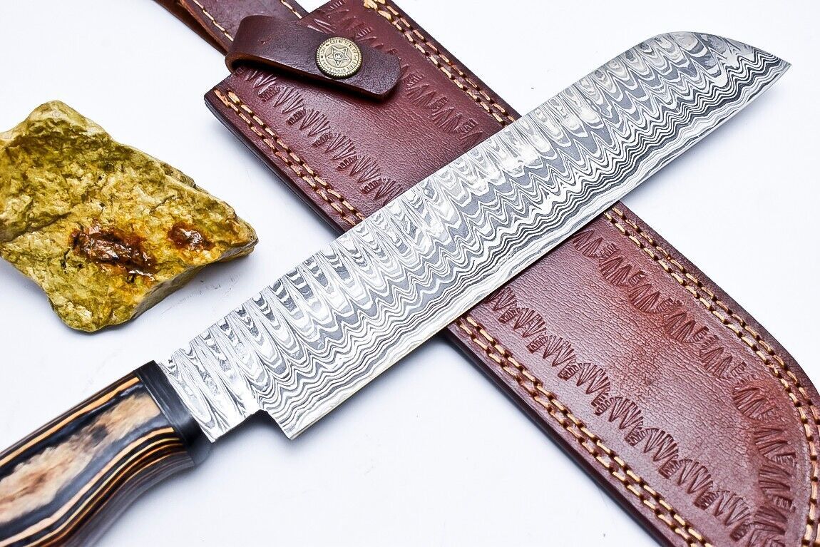 Custom Handmade Damascus Hunting/Chef Knife – 9.2" Knife with Hard Pakka Wood Handle & Leather Sheath