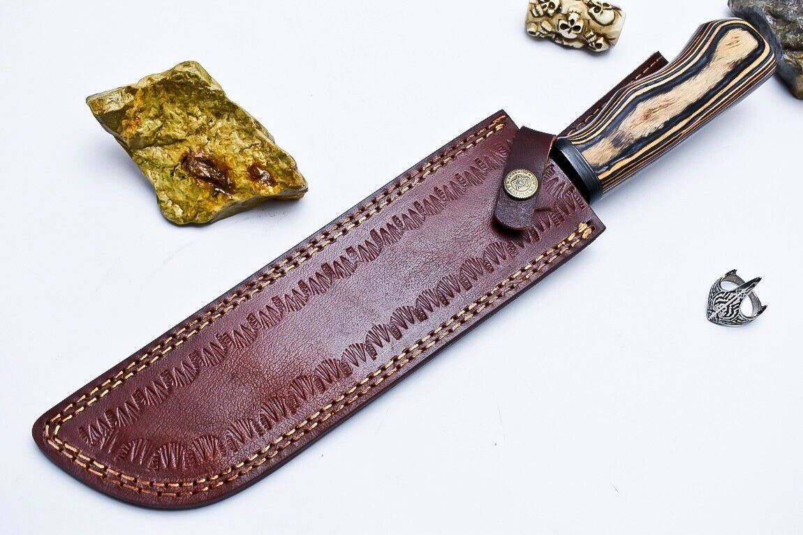 Custom Handmade Damascus Hunting/Chef Knife – 9.2" Knife with Hard Pakka Wood Handle & Leather Sheath