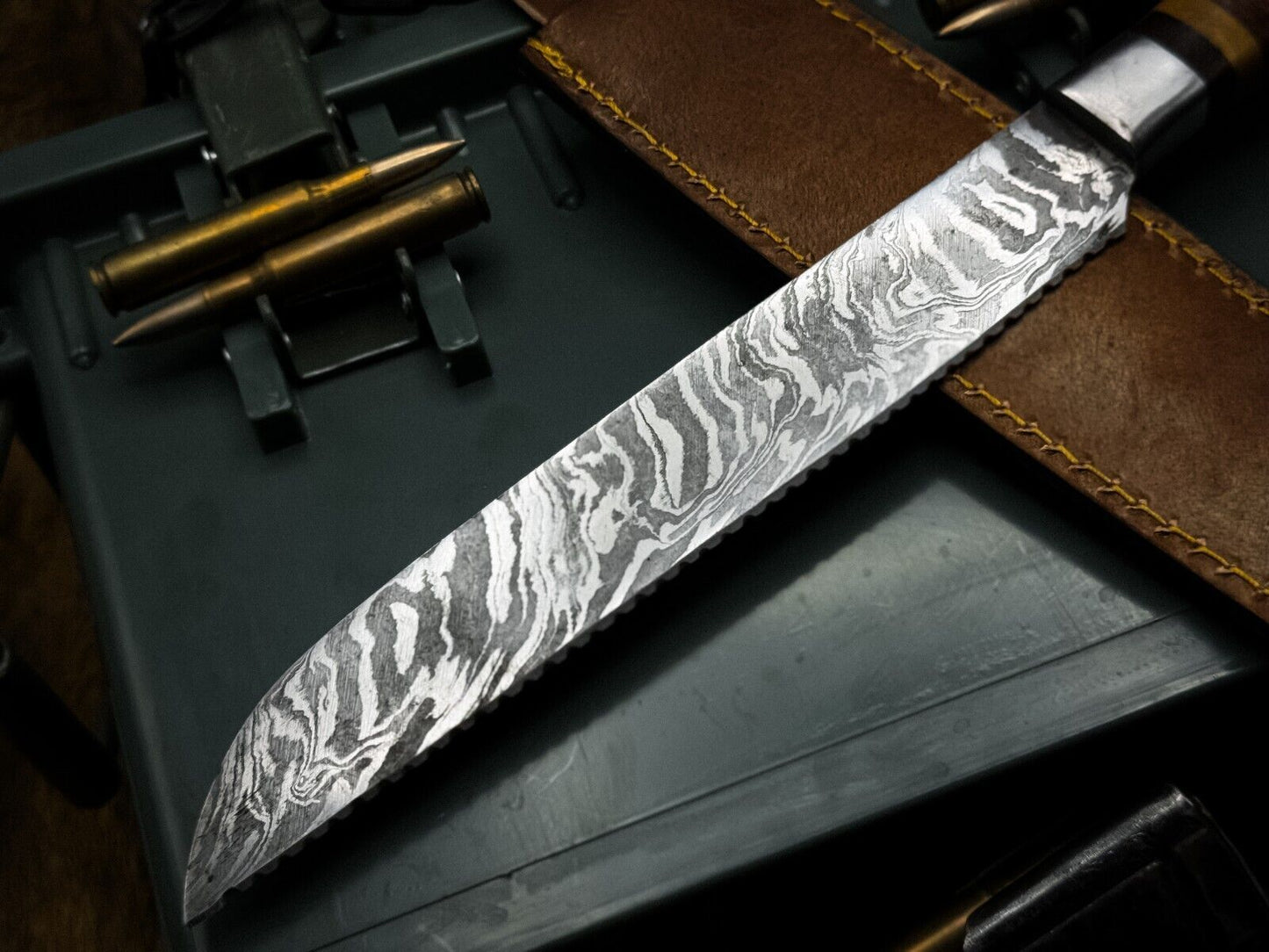 Handmade Damascus Steel Kitchen Chef Cutting Knife with Wood Handle & Leather Sheath