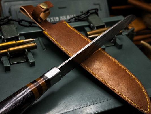 Handmade Damascus Steel Kitchen Chef Cutting Knife with Wood Handle & Leather Sheath