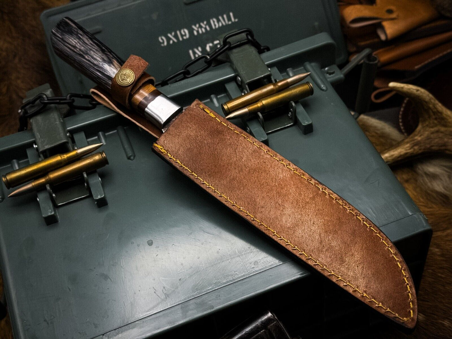 Handmade Damascus Steel Kitchen Chef Cutting Knife with Wood Handle & Leather Sheath