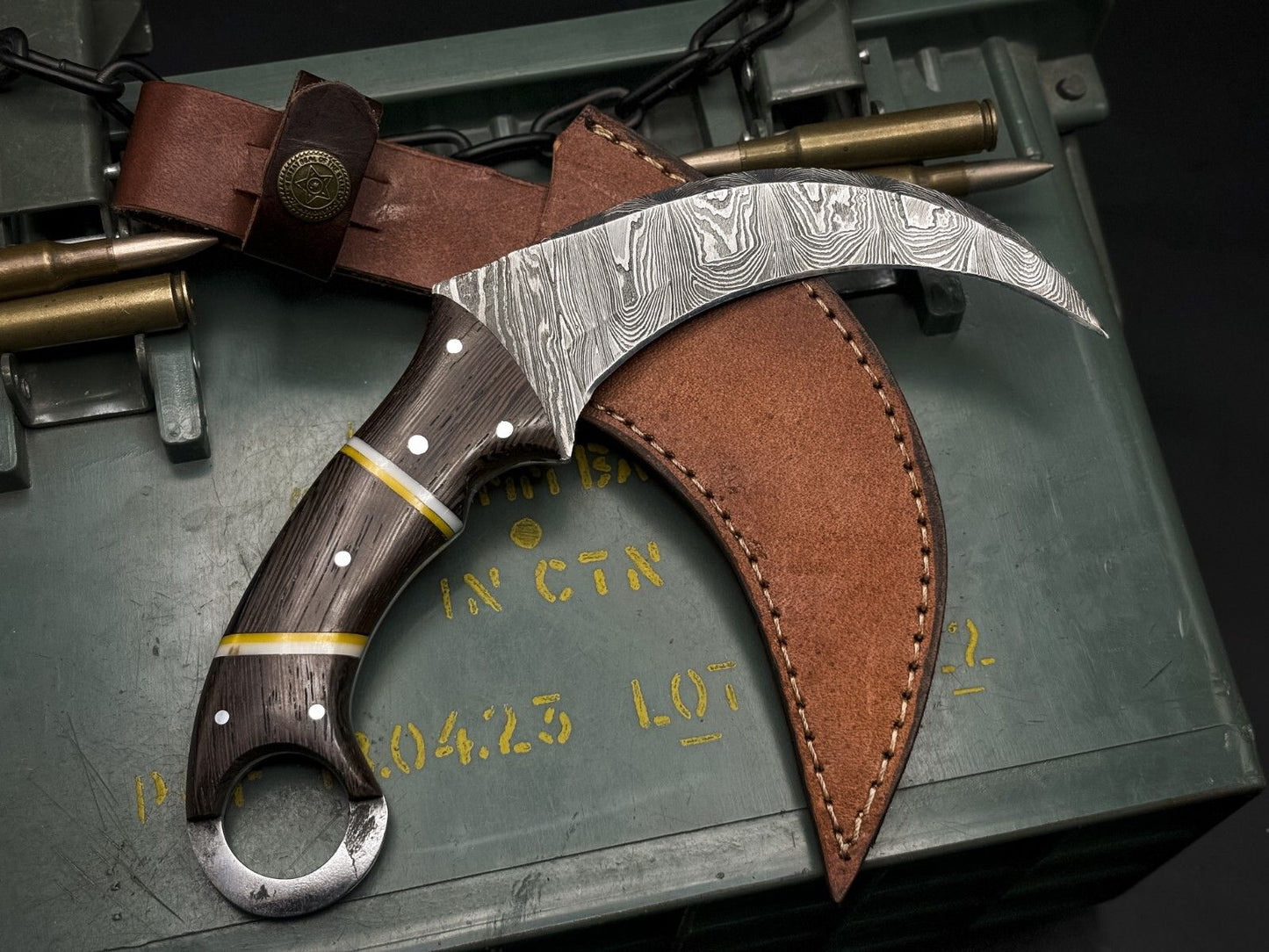 Handmade 8" Damascus Karambit Knife Damascus Steel Karambit with Wood Handle