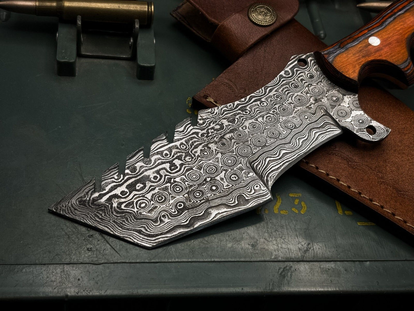 Handmade Damascus Steel Hunting Tracker Knife with Wood and Cow Leather Sheath
