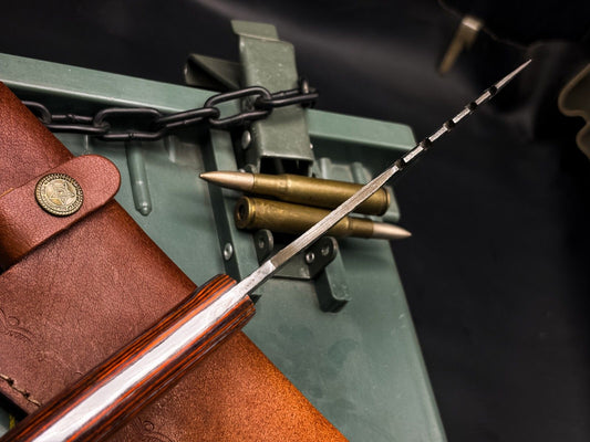 Handmade Damascus Steel Hunting Tracker Knife with Wood and Cow Leather Sheath