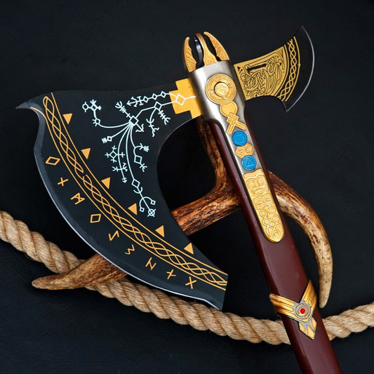 Handmade Kratos Leviathan Axe 40 Inch Carbon Steel Viking Battle Axe with Rose Wood Handle and Leather Sheath