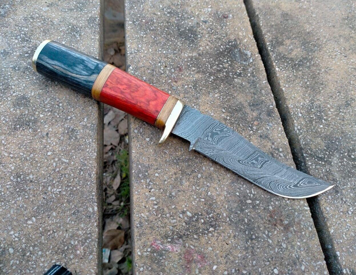 10" Damascus Steel Bowie Knife with Pakka Wood Handle – Handmade Full Tang Hunting Blade