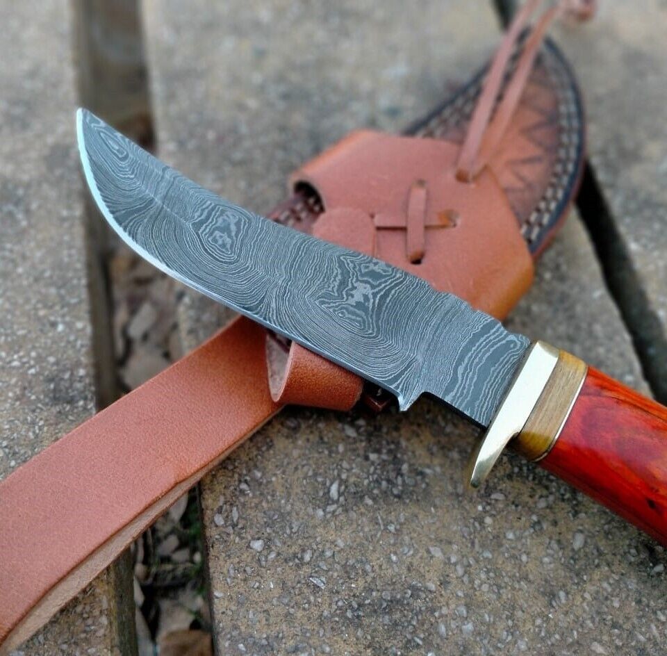 10" Damascus Steel Bowie Knife with Pakka Wood Handle – Handmade Full Tang Hunting Blade