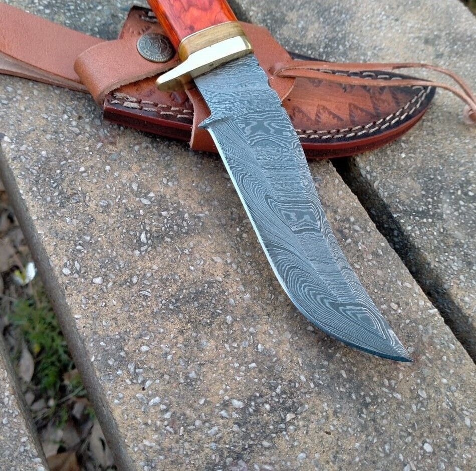 10" Damascus Steel Bowie Knife with Pakka Wood Handle – Handmade Full Tang Hunting Blade