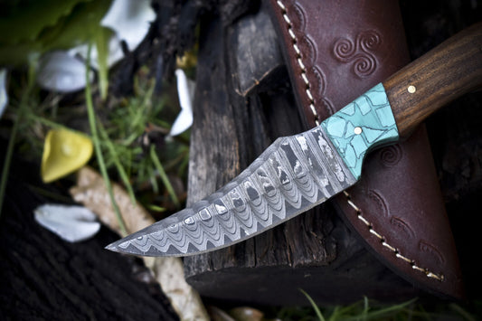 7.5" Ladder Damascus Skinner Knife with Walnut Wood Handle | Handmade Camping Blade