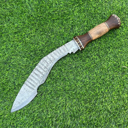 18” Handmade Damascus Kukri Bowie Knife | Hardwood Handle & Leather Sheath
